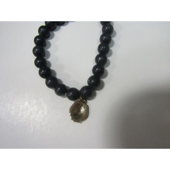 Black Onyx Goth Gold Tone Lyon Bead Stretch Bracelet 5 3/4" Boho Whimsigoth - Picture 3 of 4
